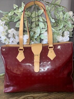 Arcadia Italy  Burgundy Patent Leather Tote with Tan Trim